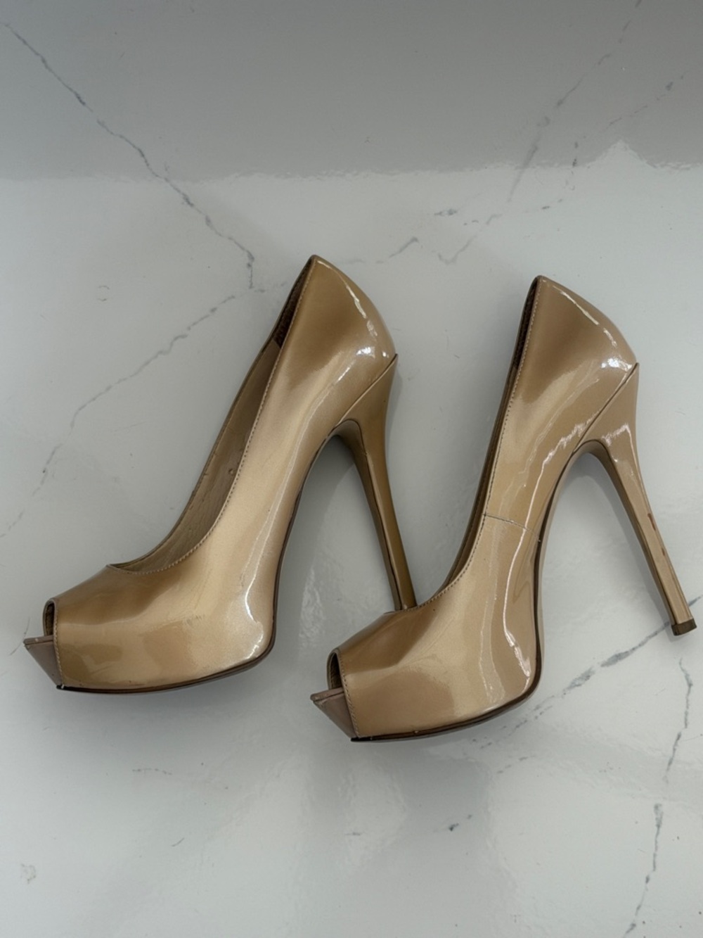 Enzo Angiolini Patent Peep-Toe High Heels in Beige